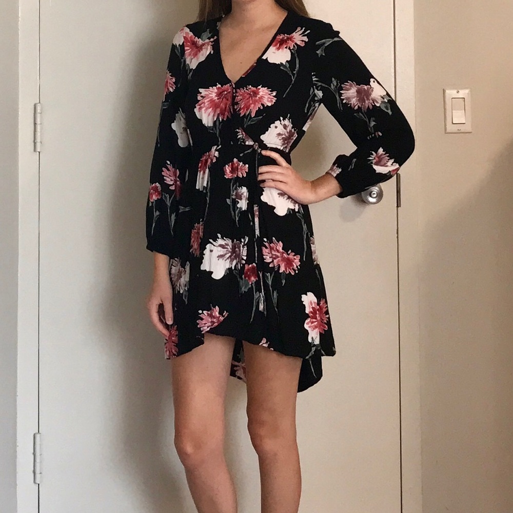 Floral and Black High Low Wrap Dress